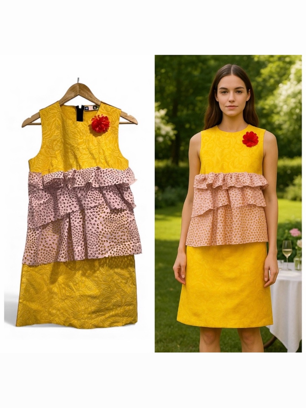 MSGM Yellow Pink Metallic Jacquard Ruffle Mini Dress Peplum IT 40 US 4 Archival
